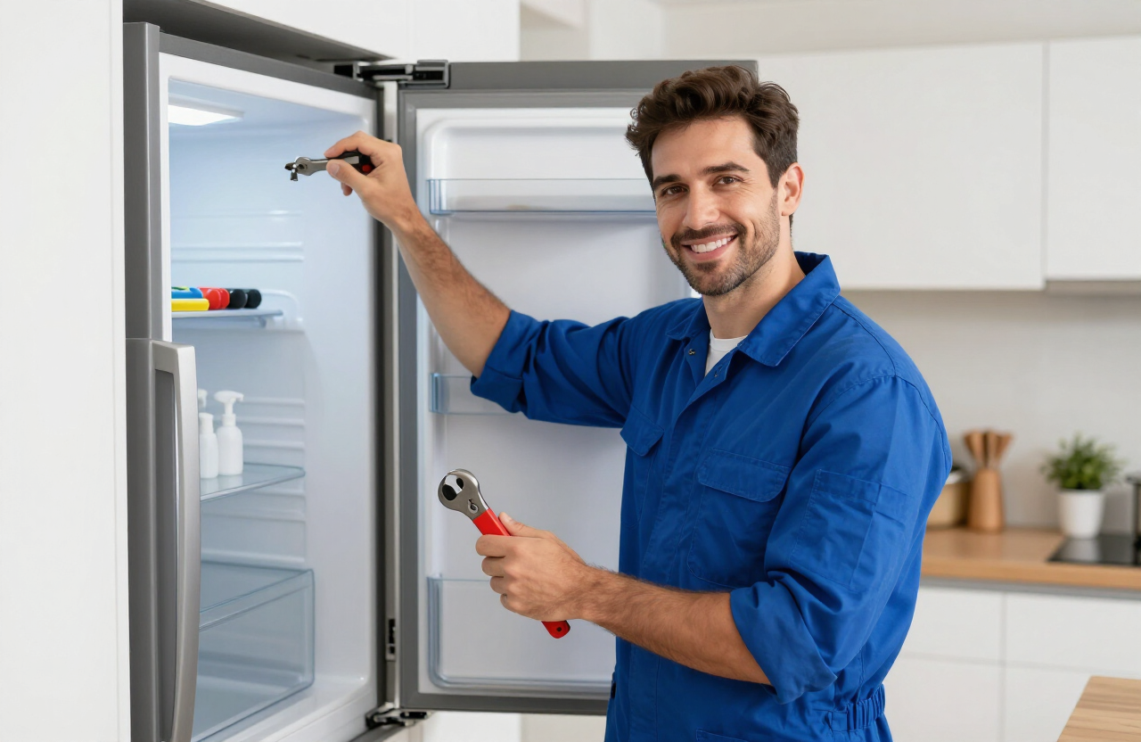 Técnico consertando geladeira